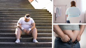 Bildeserie: Sliten mann sitter i trappen ute i treningstøy, en overvektig jente ser oppgitt på for små klær, Mann som prøver å få opp buksesmekker over en tykk mage.