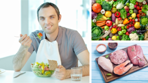 Bildeserie: Mann som spiser en sunt måltid, mange grønnsaker og frukt, fisk og kjøtt
