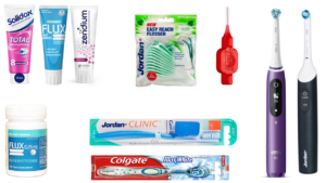 Tannkremer, tanntråd, mellomrombørste, fluortabletter, vanlige tannbørster, elektriske tannbørster.