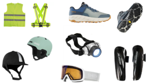 Refleksvest, reflekssele, piggsko, brodder på sko, hjelmer, pannelampe, alpinbriller og leggbeskyttere.