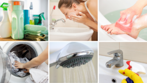 Bildeserie: vaskemidler, ansiktsvask, fotvask, klesvask i maskinen, dusjhode, vask av servant.