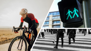 Bildemontasje: Syklist med hjelm, grønt lys for fotgjengere, fotgjengerovergang.