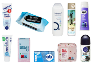 Hygieneprodukter: Tannkermer, vårservietter, sjampo, balsam, deodorant, bind og tamponger.