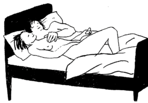 Tegning: Mann og kvinne i sengen i seksuelt forspill.