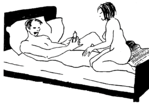 Tegning: Mannen ruller på kondom.