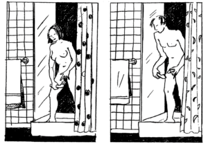 Tegninger av mann og kvinne som vasker skrittet sitt i dusjen.