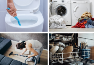 Bildekollasje: Toalettvasking, tekstiler foran vaskemaskin, støvsugende jente, åpen oppvaskmaskin med oppvask i