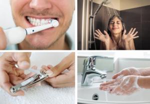 Bildekollasje: Tannpuss med elektrisk tannbørstem dusjende jente, negleklipping, håndvask